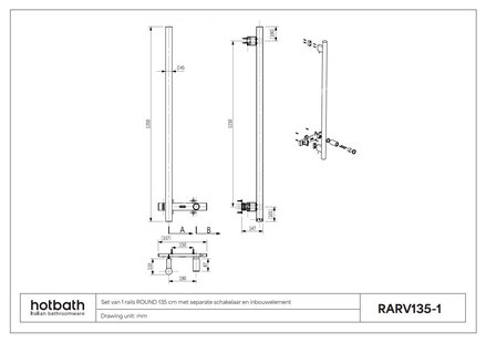 Hotbath &MORE set van 1 rails RARV135 ROUND135 cm met separate schakelaar en inbouw element Geborsteld Messing PVD (RARV135-1BBP)