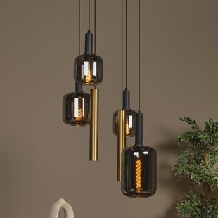 Lucide Hanglamp Joanet, Ø 65 cm, rook/messing glas/metaal 6-lamps.