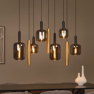 Lucide hanglamp Joanet, lengte 130 cm, rook/messing, glas, 9-lamps.