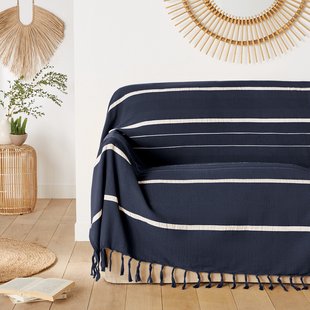 Gestreerpte plaid in katoen met franjes, Nedo