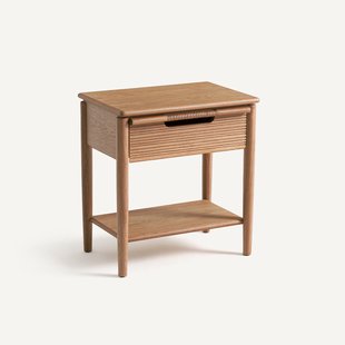 Nachtkastje met massief eikenhout, fineer en leren handvat Melaly