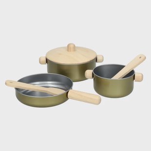 Pannenset, metaal en rubberhout, 2+