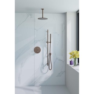 Fortifura Calvi Inbouw Regendoucheset - rond - thermostatisch - plafondarm - glijstang - 25cm hoofddouche - staaf handdouche - Geborsteld koper PVD (Koper) SW970053/SW1183048/SW970041/SW970042/SW970045/SW97