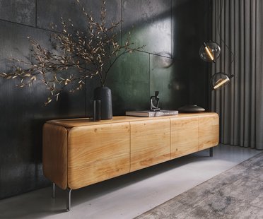 DELIFE TV-meubel Shavani 200 cm acacia natuur 4 deuren L-poot RVS zilver