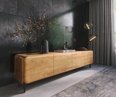 DELIFE TV-meubel Shavani 220 cm acacia natuur 4 deuren L-poot metaal zwart