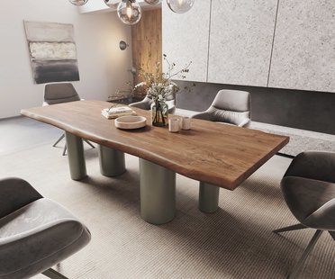 DELIFE Eetkamertafel Edge 260x100 XL acacia bruin Pilier metaal effectafwerking titaan Live-Edge