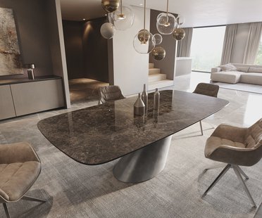 DELIFE Eettafel Edge Boot 240x120 keramiek  Laminam® Emperador Extra Lucidato donkerbruin Cono metaal zilver