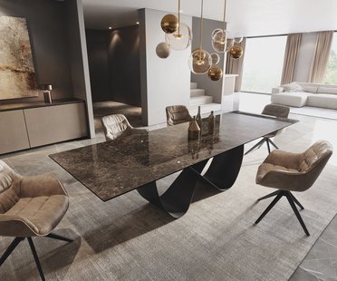 DELIFE Eettafel Edge 200-300x100 keramiek  Laminam® Emperador Extra Lucidato donkerbruin Infinity metaal zwart uitrekbaar