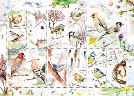 Puzzel (1.000 stukjes): Birds on stamps, Michelle Dujardin