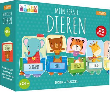 Puzzeltrein 20 stukjes en boek - Mijn eerste dieren
