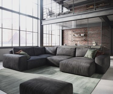 DELIFE Woonlandschap Lanzo 300x210 cm kunstleer vintage antraciet met variabele recamière en hocker