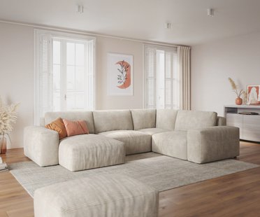 DELIFE Woonlandschap Lanzo 300x210 cm ribcord beige met variabele recamière en hocker