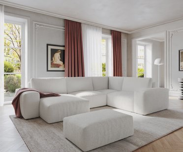 DELIFE Woonlandschap Lanzo 300x210 cm bouclé crème-wit met variabele recamière en hocker