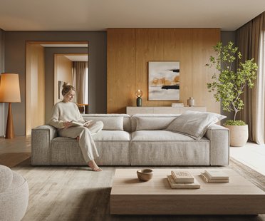 DELIFE Bigsofa Freestyle 280x110 cm Zachte Geweven stof Beige kedernaad