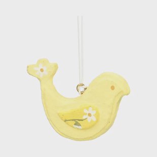 Hanger, katoen mach&eacute;, geel vogeltje met madelief, 6 x 8 cm