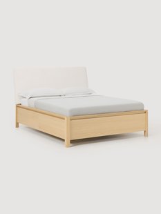 Houten bedframe Santiago met gestoffeerd hoofdeinde en lades
