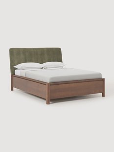 Houten bedframe Santiago met gestoffeerd hoofdeinde en lades