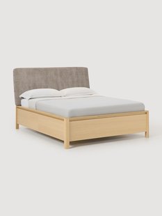 Houten bedframe Santiago met gestoffeerd hoofdeinde en lades