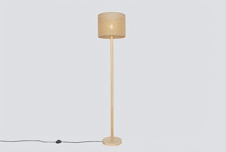 Landelijke vloerlamp hout met linnen kap naturel 32 cm - Mels