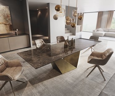 DELIFE Eettafel Edge 300x100 keramiek  Laminam® Emperador Extra Lucidato donkerbruin Prisma metaal goud