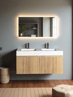 Badmeubel Casajoy Bold Onderkast 120 cm Met Strepen Eiken Met Sintered Stone Wastafel Wit