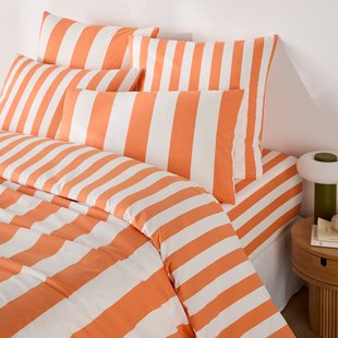 Dekbedovertrek in katoen, streepjesprint, HENDAYE ORANGE