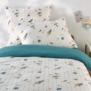 Kinderdekbedovertrek, 30% gerecycled gewassen katoen, raketprint, EGOR
