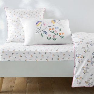 Hoeslaken voor kinderen, 50% gerecycled katoen, kap van 25 cm, eenhoornprint, TAMILA
