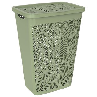 Leen Bakker - Wasmand Met Deksel Bladeren - 55L - Polypropyleen - Groen - 34x41.5x59 Cm