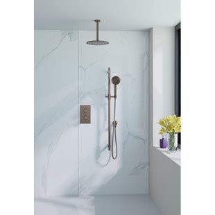 Fortifura Calvi Inbouw Regendoucheset - thermostatisch - plafondarm - glijstang - 25cm hoofddouche - ronde handdouche - metalen doucheslang - geborsteld koper PVD (Koper) SW970042/SW970041/SW1159496/SW970048/SW970053/SW11