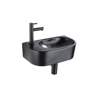 QeramiQ Fuente Fonteinset - 40x21.5x12cm - links - glad - halfrond - 1 kraangat - keramiek - fonteinkraan zwart mat - afvoerplug - verlaagd sifon - zwart mat SW1209556/SW696205/SW696215/SW696235