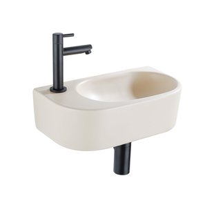 QeramiQ Fuente Fonteinset - 40x21.5x12cm - links - glad - halfrond - 1 kraangat - keramiek - fonteinkraan zwart mat - afvoerplug - verlaagd sifon - beige SW1209557/SW696205/SW696215/SW696235