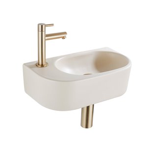 QeramiQ Fuente Fonteinset - 40x21.5x12cm - links - glad - halfrond - 1 kraangat - keramiek - fonteinkraan geborsteld messing - afvoerplug - verlaagd sifon - beige SW1209557/SW696208/SW696218/SW696238