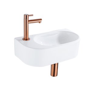 QeramiQ Fuente Fonteinset - 40x21.5x12cm - links - glad - halfrond - 1 kraangat - keramiek - fonteinkraan geborsteld koper - afvoerplug - verlaagd sifon - wit glans SW1209554/SW799405/SW799403/SW970033