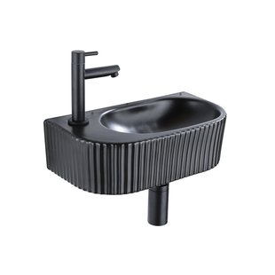 QeramiQ Fuente Fonteinset - 40x21.5x12cm - links - geribbeld - halfrond - 1 kraangat - keramiek - fonteinkraan zwart mat - afvoerplug - verlaagd sifon - zwart mat SW1209548/SW696205/SW696215/SW696235