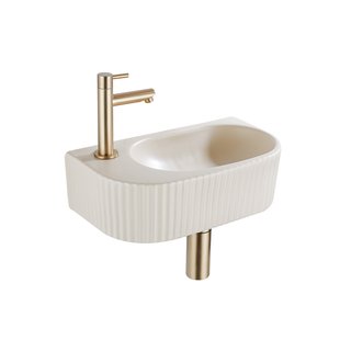 QeramiQ Fuente Fonteinset - 40x21.5x12cm - links - geribbeld - halfrond - 1 kraangat - keramiek - fonteinkraan geborsteld messing - afvoerplug - verlaagd sifon - beige SW1209549/SW696208/SW696218/SW696238