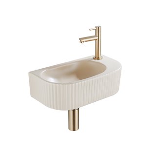 QeramiQ Fuente Fonteinset - 40x21.5x12cm - rechts - geribbeld - halfrond - 1 kraangat - keramiek - fonteinkraan geborsteld messing - afvoerplug - verlaagd sifon - beige SW1209545/SW696208/SW696218/SW696238