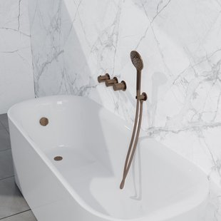 Fortifura Nebbio Badcombinatie-set - thermostaatkraan - wandaansluitbocht met handdouchehouder - metalen doucheslang - ronde handdouche - badvulcombinatie - geborsteld koper PVD (koper) SW1183069 SW1183076 SW1183082 SW970045 SW970048 SW