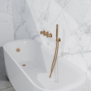 Fortifura Nebbio Badcombinatie-set - thermostaatkraan - wandaansluitbocht met handdouchehouder - gladde doucheslang - staaf handdouche - badvulcombinatie - geborsteld messing PVD (goud) SW1183067 SW1183076 SW1183080 SW720569 SW728176 SW