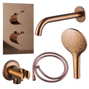 Fortifura Calvi Badkraan set - uitloop - 22cm inkortbaar - gladde slang - ronde handdouche - inbouwdeel - wandhouder - geborsteld koper PVD SW799407/SW970045/SW970047/SW1122515/SW1159496