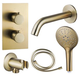 Fortifura Calvi Badkraan set - uitloop - 22cm inkortbaar - gladde slang - ronde handdouche - inbouwdeel - wandhouder - geborsteld messing SW720569/SW728176/SW799451/SW1122513/SW720570