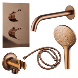 Fortifura Calvi Badkraan set - uitloop - 22cm inkortbaar - metalen slang - ronde handdouche - inbouwdeel - wandhouder - geborsteld koper PVD SW970045/SW970048/SW970047/SW1122515/SW970046