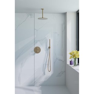 Fortifura Calvi Inbouw Regendoucheset - rond - thermostatisch - plafondarm - 25cm hoofddouche - staaf handdouche - gladde slang - Geborsteld Messing PVD (Goud) SW728176/SW720555/SW720557/SW720569/SW720570/SW721