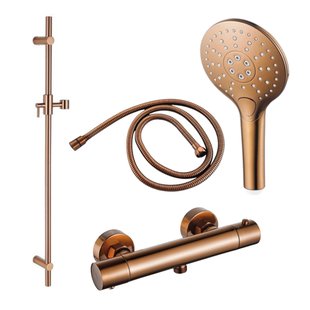 Fortifura Calvi douchekraan met glijstangset met ronde handdouche, metalen doucheslang Geborsteld koper PVD SW970036/SW970047/SW970048/SW970053