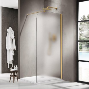 Fortifura Galeria Inloopdouche - 90x200cm - afgeronde glaswand - rechts - mat glas - wandarm - geborsteld messing PVD (Goud) SW1421080/SW797910