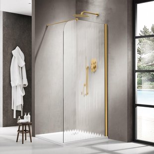 Fortifura Galeria Inloopdouche - 120x200cm - afgeronde glaswand - rechts - ribbel glas - wandarm - geborsteld messing PVD (Goud) SW1421078/SW797910