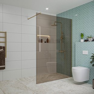 Fortifura Galeria inloopdouche - 140x200cm - rookglas - wandarm - Geborsteld Messing PVD (Goud) SW797946/SW797910