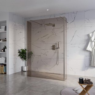 Fortifura Galeria Vrijstaande Inloopdouche - 140x200cm - Rookglas - antikalk - 8mm veiligheidsglas - 2 zijwanden 40cm - wandsteunen en hoekprofielen - Geborsteld Gunmetal PVD SW927771 2x/SW797946/SW797934 2x/SW798732 2x