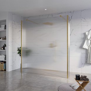 Fortifura Galeria Vrijstaande Inloopdouche - 180x200cm - Helder geribbeld - antikalk - 8mm veiligheidsglas - 2 zijwanden 30cm - wandsteunen en hoekprofielen - Geborsteld Messing PVD (Goud) SW927770 2x/SW797957/SW797945 2x/SW798731 2x