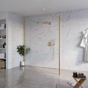 Fortifura Galeria Vrijstaande Inloopdouche - 140x200cm - Helder - antikalk - 8mm veiligheidsglas - 2 zijwanden 40cm - wandsteunen en hoekprofielen - Geborsteld Messing PVD (Goud) SW927770 2x/SW797916/SW797911 2x/SW798731 2x